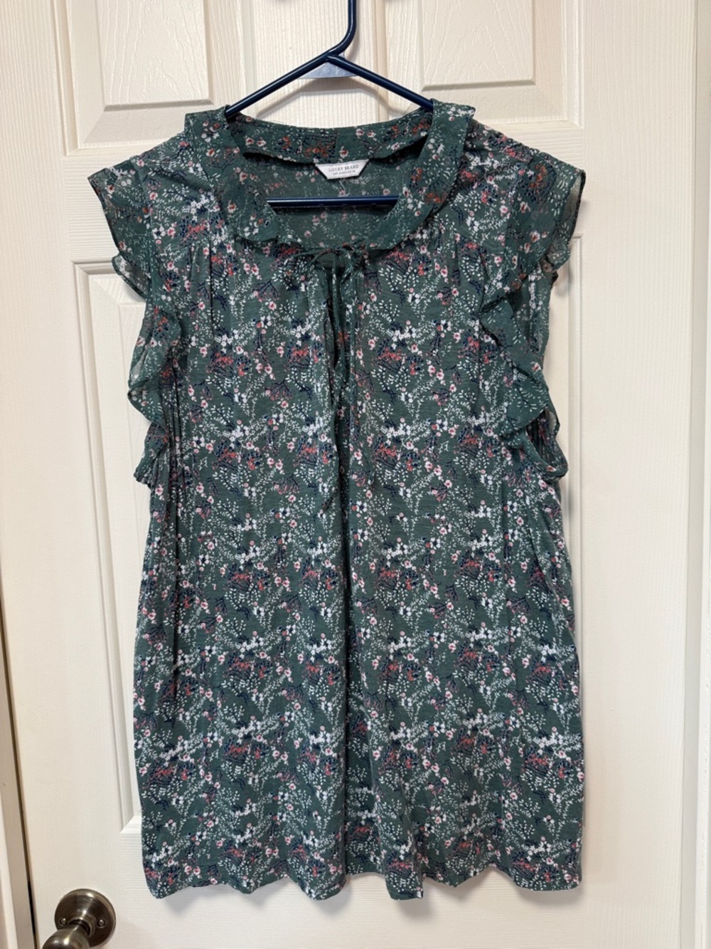 Lucky Brand Sage Green Floral Blouse with Tie Detail